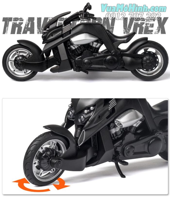 mô hình tĩnh diecast xe mô tô 2 bánh gắn máy phân khối lớn yamaha travertson v-rex black tỷ lệ 1:12 , xe moto đồ chơi thu nhỏ mini