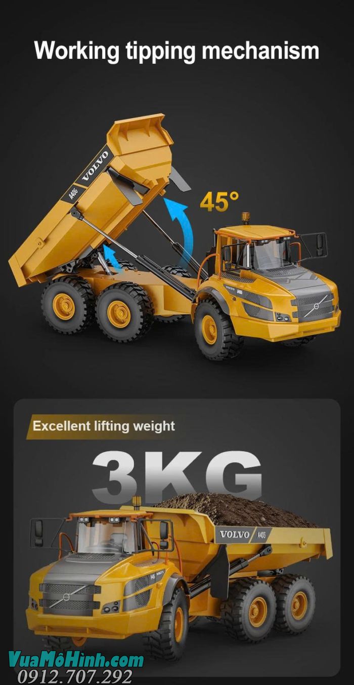 Xe ben điều khiển từ xa Volvo A40G Double E591-001 chính hãng, mô hình xe công trình tỉ lệ 1/20