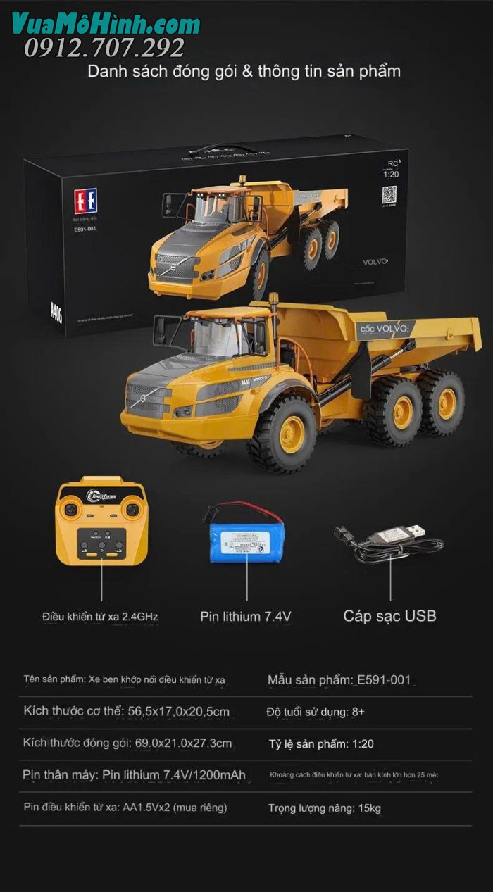 Xe ben điều khiển từ xa Volvo A40G Double E591-001 chính hãng, mô hình xe công trình tỉ lệ 1/20