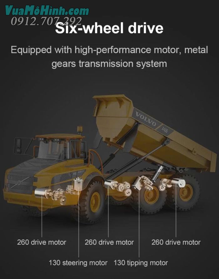 Xe ben điều khiển từ xa Volvo A40G Double E591-001 chính hãng, mô hình xe công trình tỉ lệ 1/20