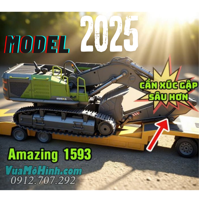 Mô hình xe xúc lật điều khiển từ xa Huina 1593 model 2025, phiên bản mới, gập sâu hơn, động cơ mạnh, chi tiết kim loại sắc nét
