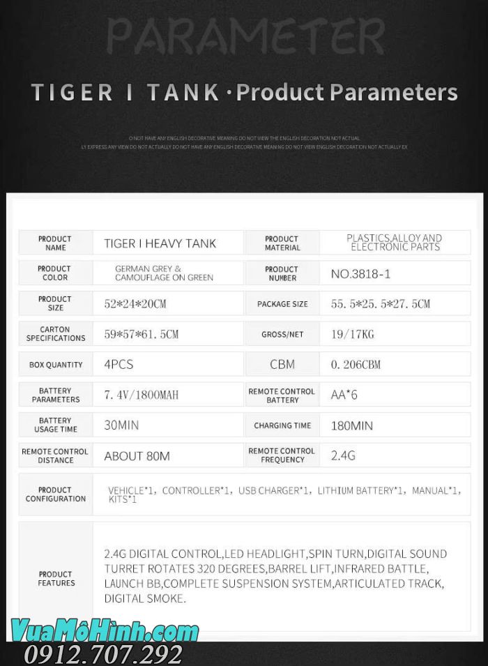 Xe tăng điều khiển từ xa Coolbank 3818-1 Tiger I tỉ lệ 1/16