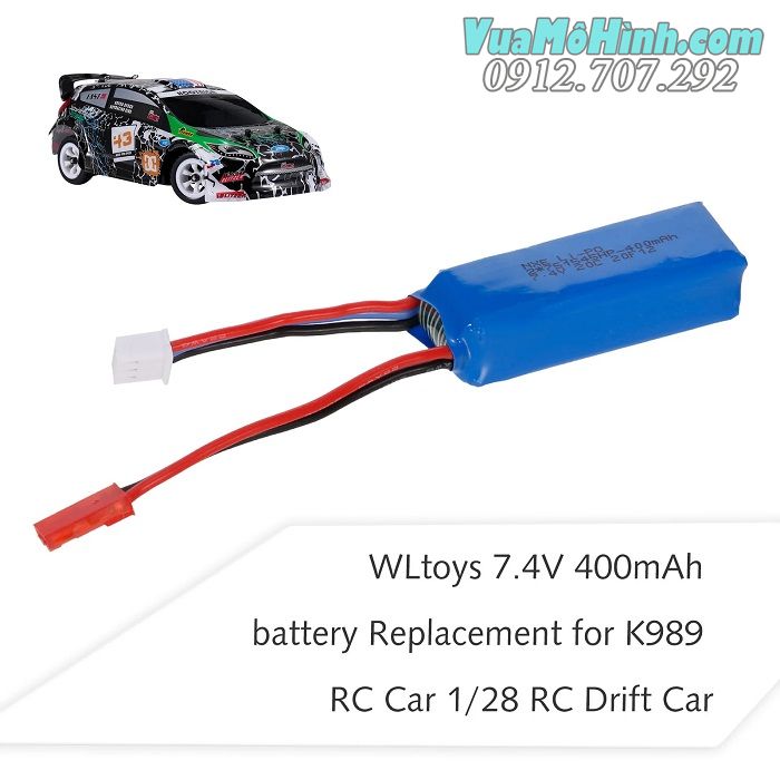 Pin 2s 7.4v 400mah jack JST dung lượng cao dùng cho xe ô tô điều khiển từ xa RC K989, K969, 284131