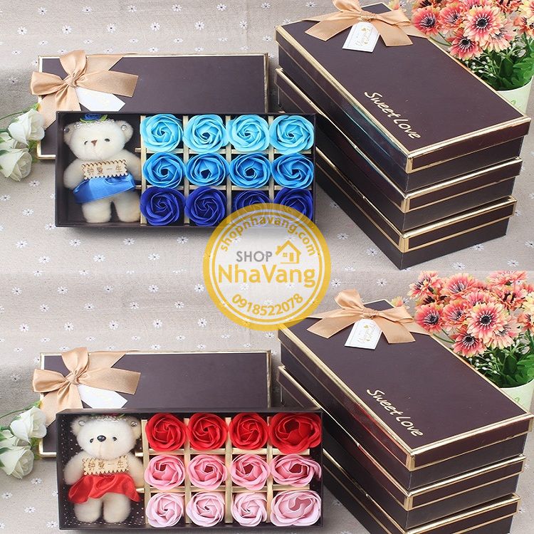 Hoa Hồng 3D Sáp Hộp 12 Bông Kèm Gấu NV374