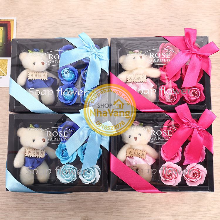 Hoa Hồng Sáp Hộp 6 Bông Kèm Gấu NV372