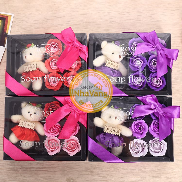 Hoa Hồng Sáp Hộp 6 Bông Kèm Gấu NV372