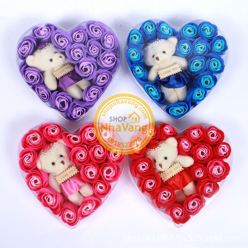 Hoa Hồng Sáp Hộp Trái Tim 16 Bông Kèm Gấu NV379