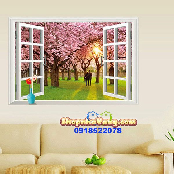Decal Dán Tường 3D Hình Cửa Sổ Mùa Thu NV18
