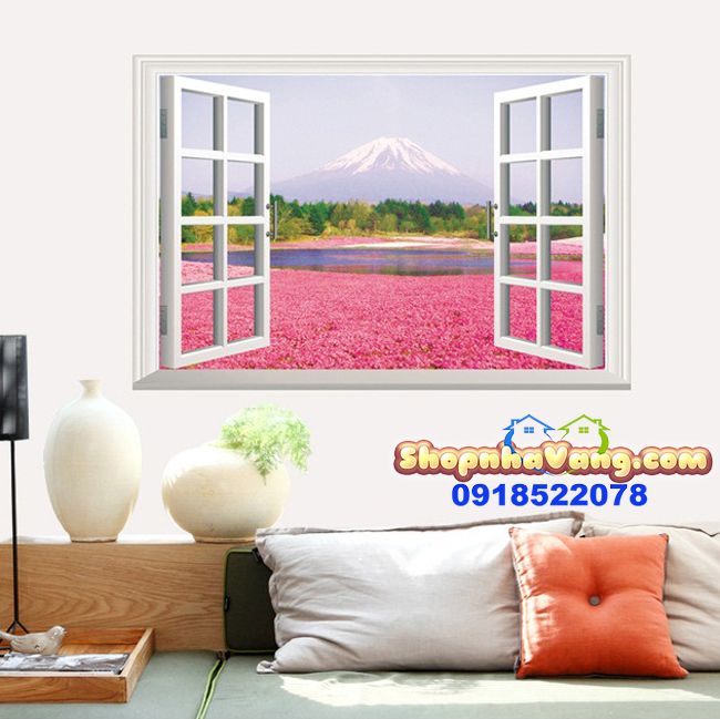 Decal Dán Tường 3D Cửa Sổ Hình Hoa Hồng NV20