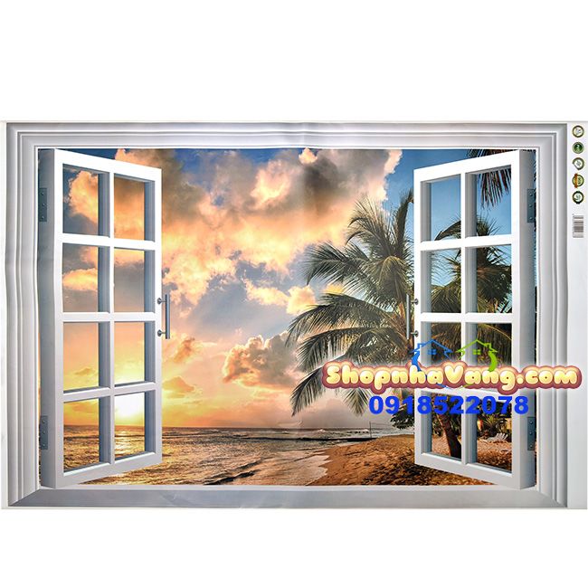 Decal Dán Tường 3D Hình Cửa Sổ Hoàng Hôn Biển NV19