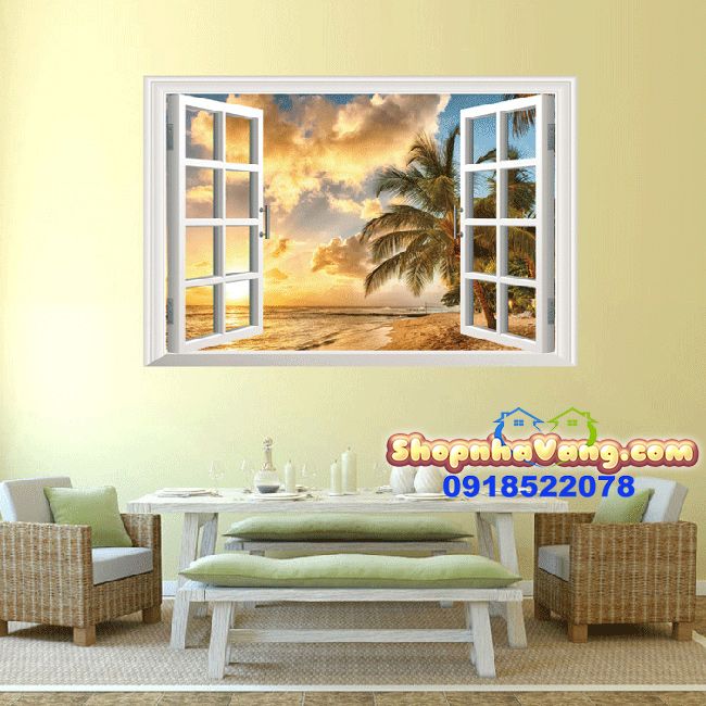 Decal Dán Tường 3D Hình Cửa Sổ Hoàng Hôn Biển NV19