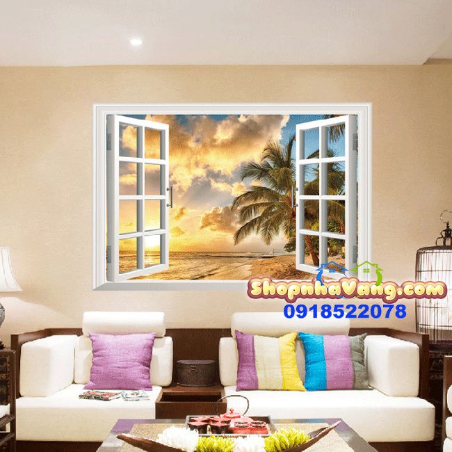 Decal Dán Tường 3D Hình Cửa Sổ Hoàng Hôn Biển NV19