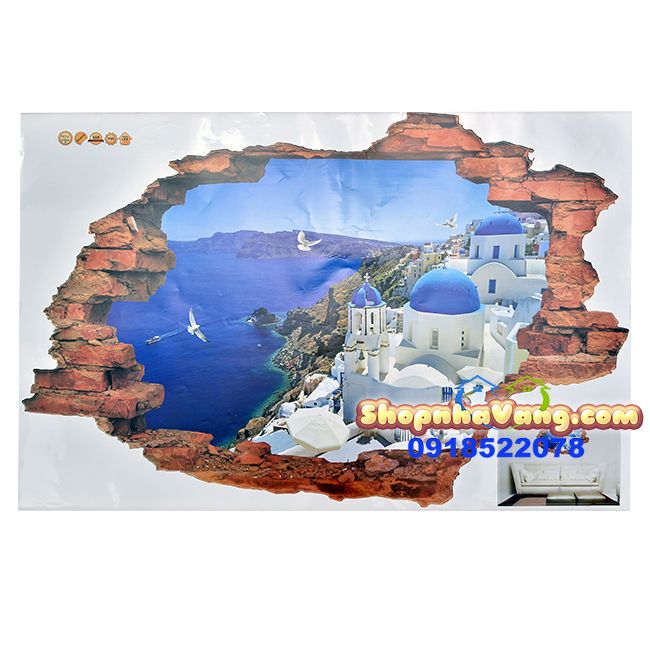 Decal Dán Tường 3D Tường Gạch Hình Cảnh Biển NV21