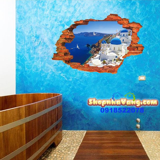 Decal Dán Tường 3D Tường Gạch Hình Cảnh Biển NV21