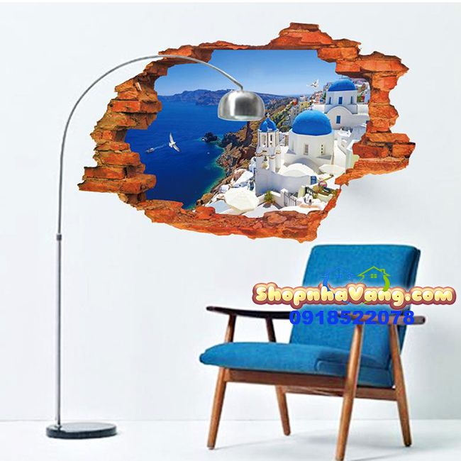 Decal Dán Tường 3D Tường Gạch Hình Cảnh Biển NV21