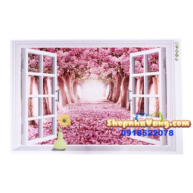Decal Dán Tường 3D Cửa Sổ Hoa Anh Đào NV23