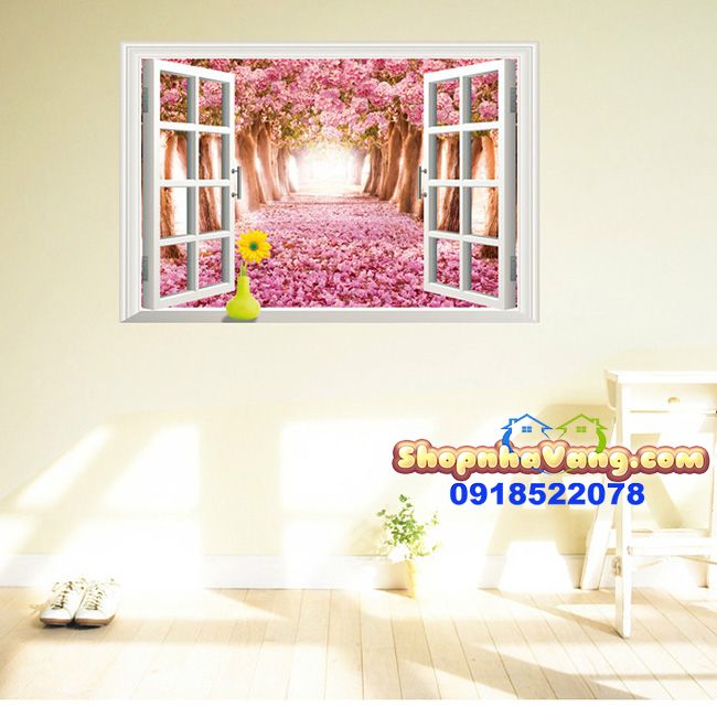 Decal Dán Tường 3D Cửa Sổ Hoa Anh Đào NV23
