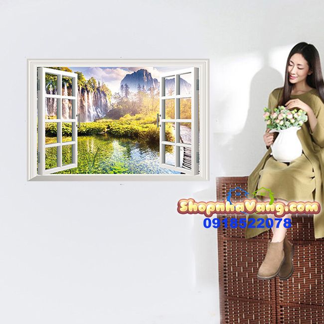 Decal Dán Tường 3D Cửa Sổ Hình Thác Nước NV22