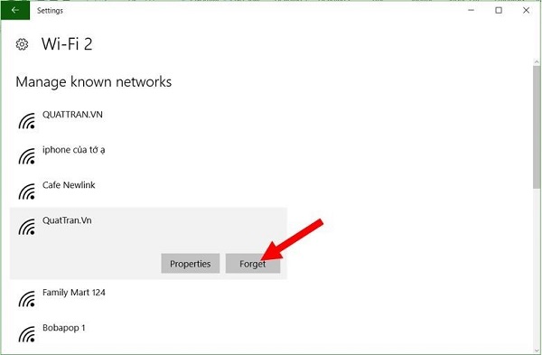 Chọn Forget để kết nối lại với Wifi