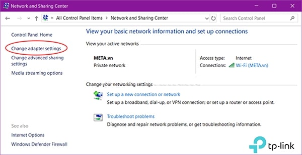 Trong giao diện hiện ra, hãy chọn Change Adapter settings ở góc trái màn hình