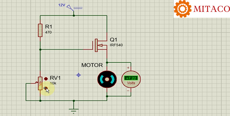 Sơ đồ mạch tinh chỉnh và điều khiển vận tốc động cơ DC 12V dùng Mosfet đơn thuần