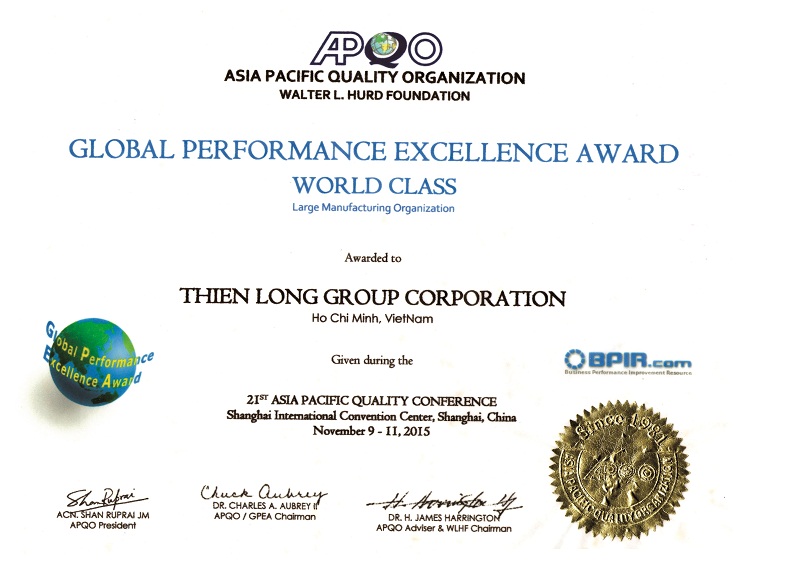Thiên Long nhận giải thưởng Chất lượng Quốc tế Châu Á-Thái Bình Dương năm 2015