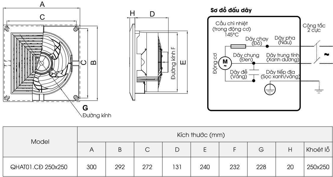Quạt thông gió hút trần thẳng QHAT01.CĐ 250x250