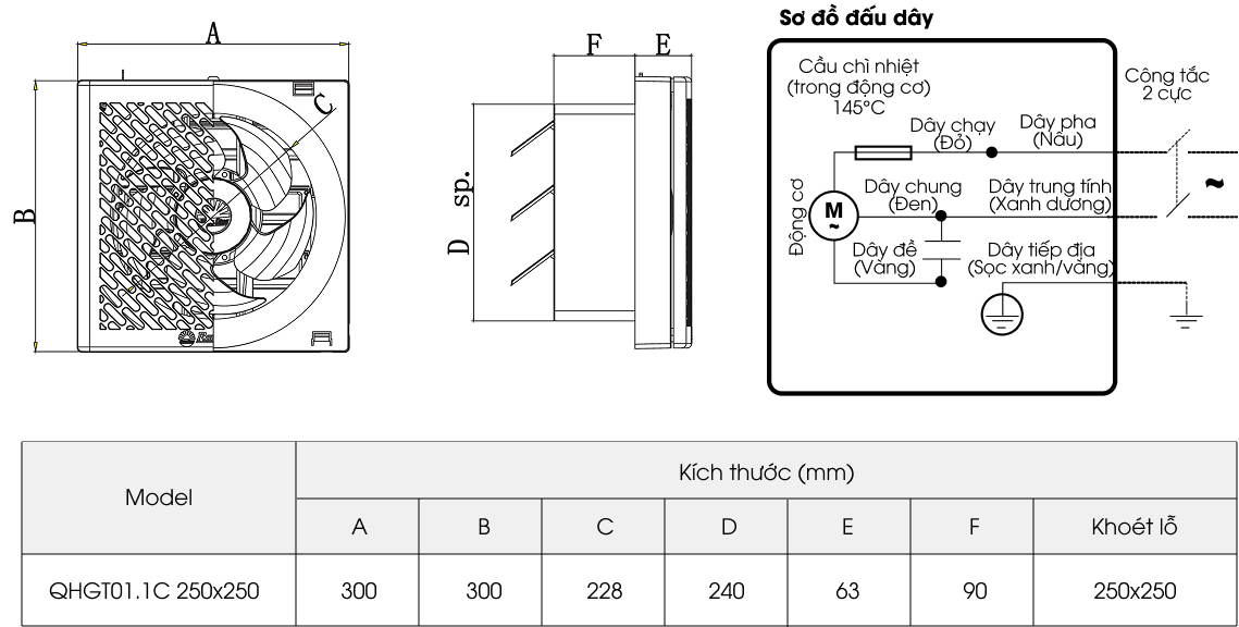 Quạt thông gió gắn tường QHGT01.1C 250x250