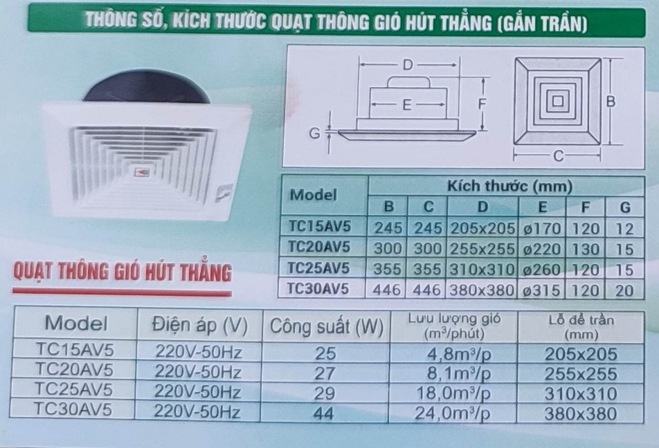 Quạt thông gió âm trần thẳng Tico TC-15AV5