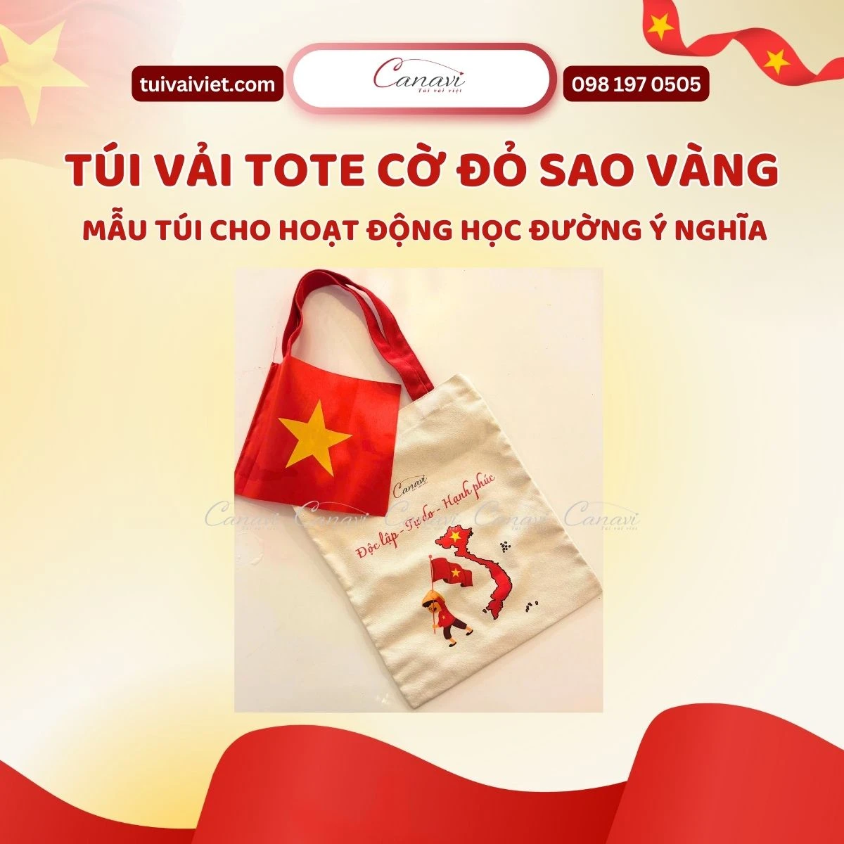 10 mẫu túi vải tote in cờ đỏ sao vàng cho các hoạt động học đường ý nghĩa