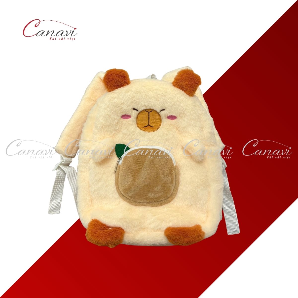 Balo trẻ em đi học hình gấu bông Capybara vải lông thỏ màu vàng tai cam