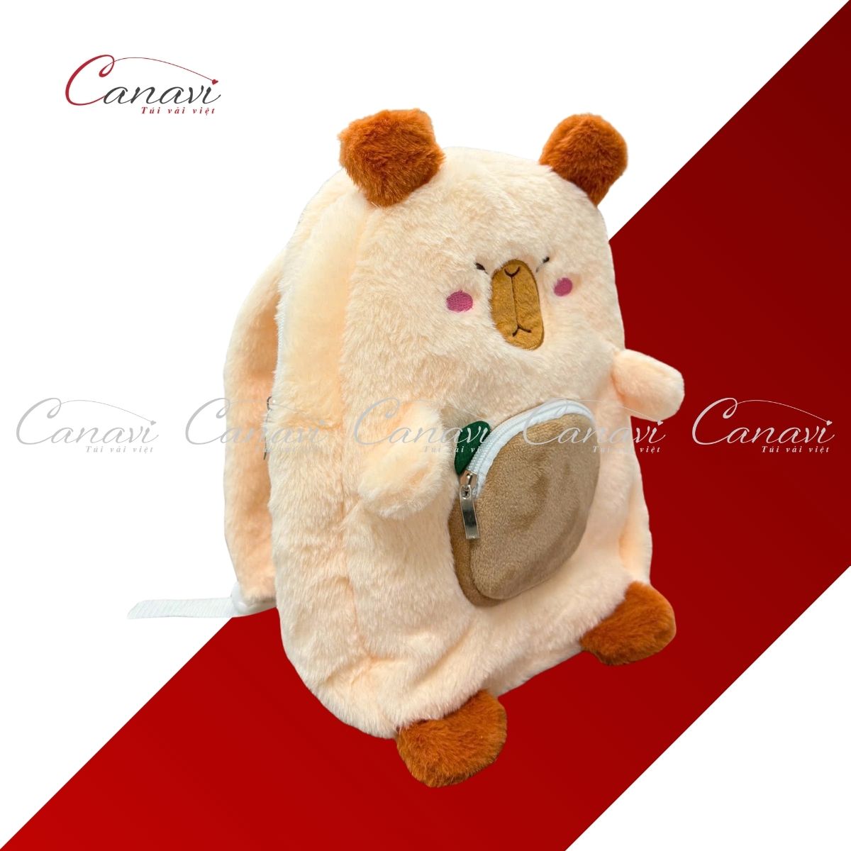 Balo trẻ em đi học hình gấu bông Capybara vải lông thỏ màu vàng tai cam