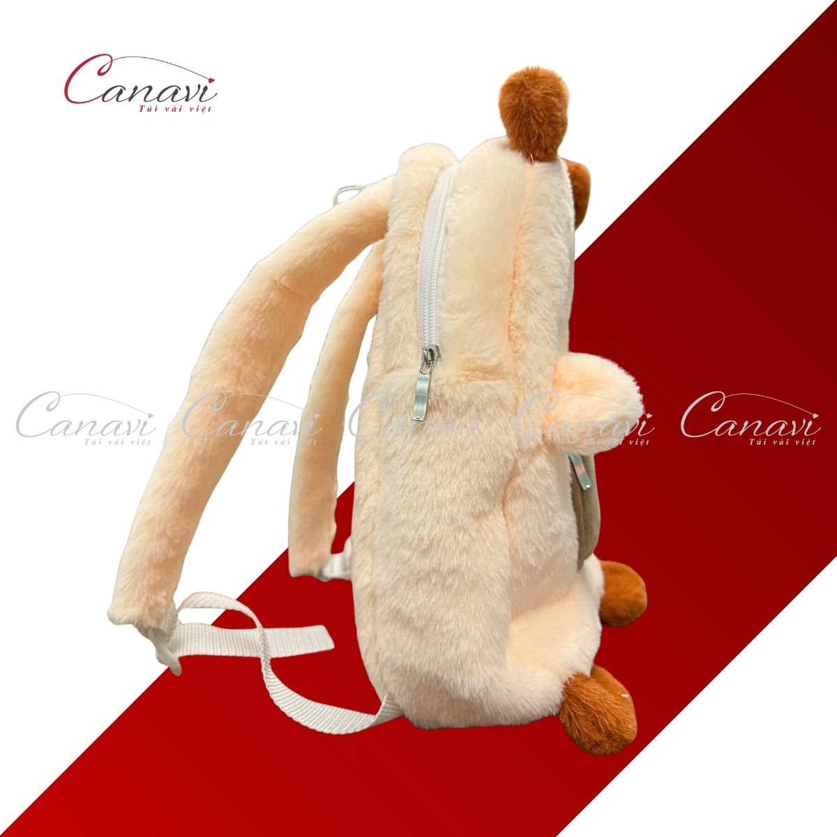 Balo trẻ em đi học hình gấu bông Capybara vải lông thỏ màu vàng tai cam