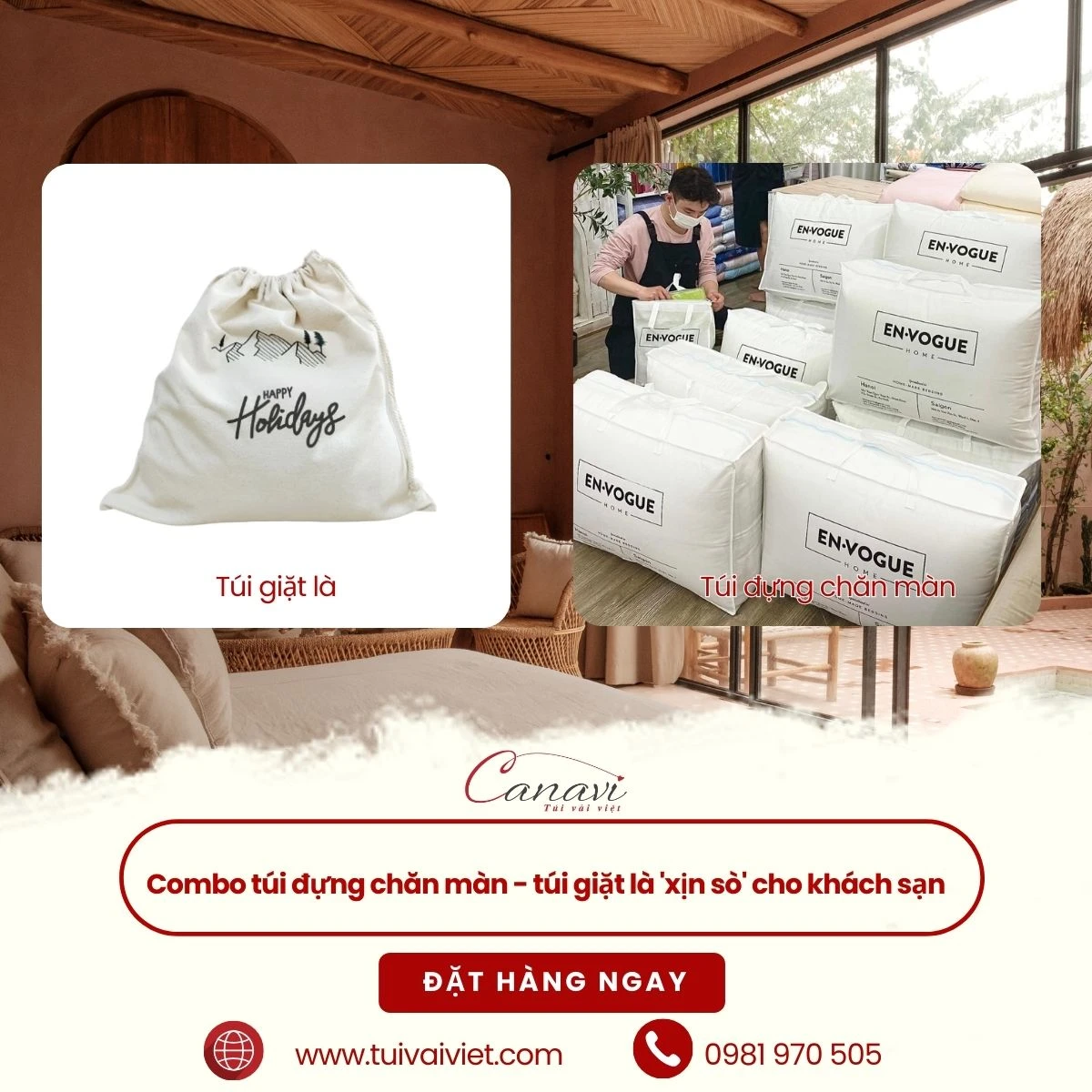 Combo túi đựng chăn màn - túi giặt là cho khách sạn