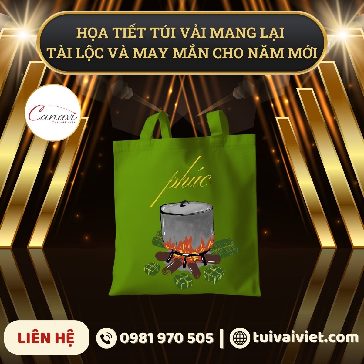 họa tiết túi vải chữ thư pháp mang tài lộc và may mắn