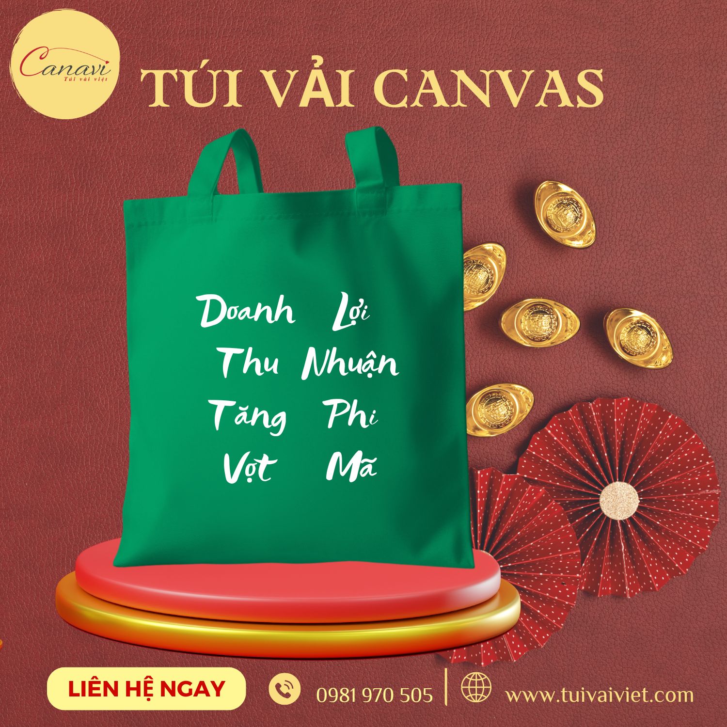 Đặt may túi vải canvas in câu chúc tết tại xưởng sản xuất túi vải Việt Canavi