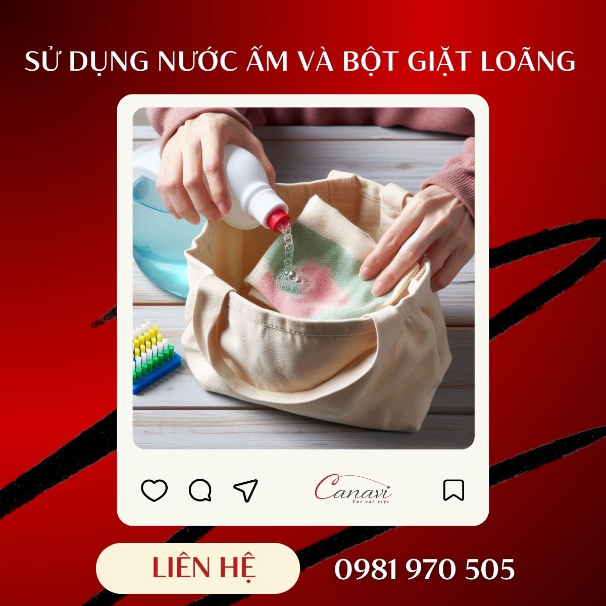 Sử dụng nước ấm và bột giặt loãng làm sạch túi vải