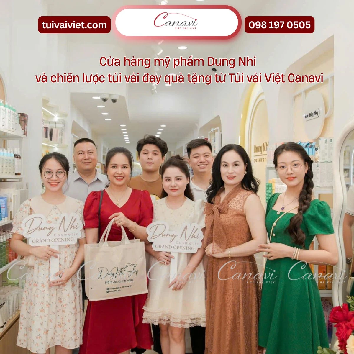 Cửa hàng mỹ phẩm Dung Nhi và chiến lược túi vải đay quà tặng từ Túi vải Việt Canavi