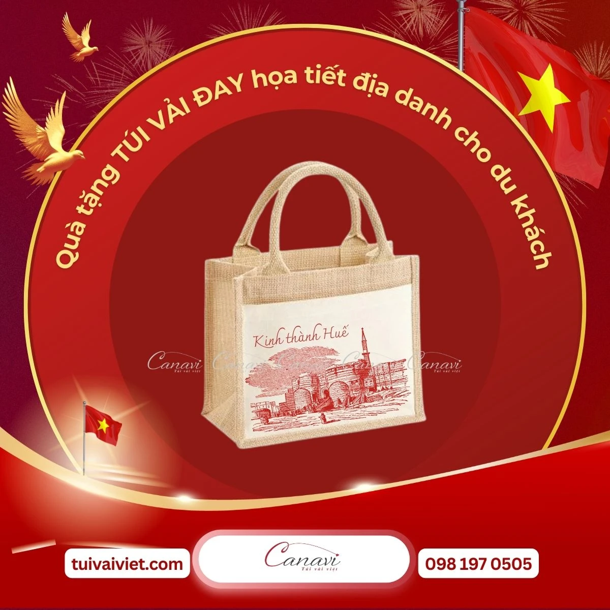 Túi vải đay họa tiết Huế - Đại nội, Chùa Thiên Mụ