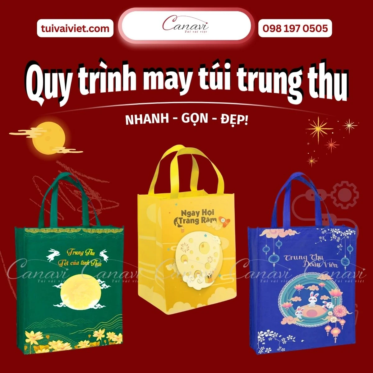 Quy trình may túi vải đựng bánh trung thu nhanh, gọn, in logo đẹp tại xưởng sản xuất túi vải Việt Canavi