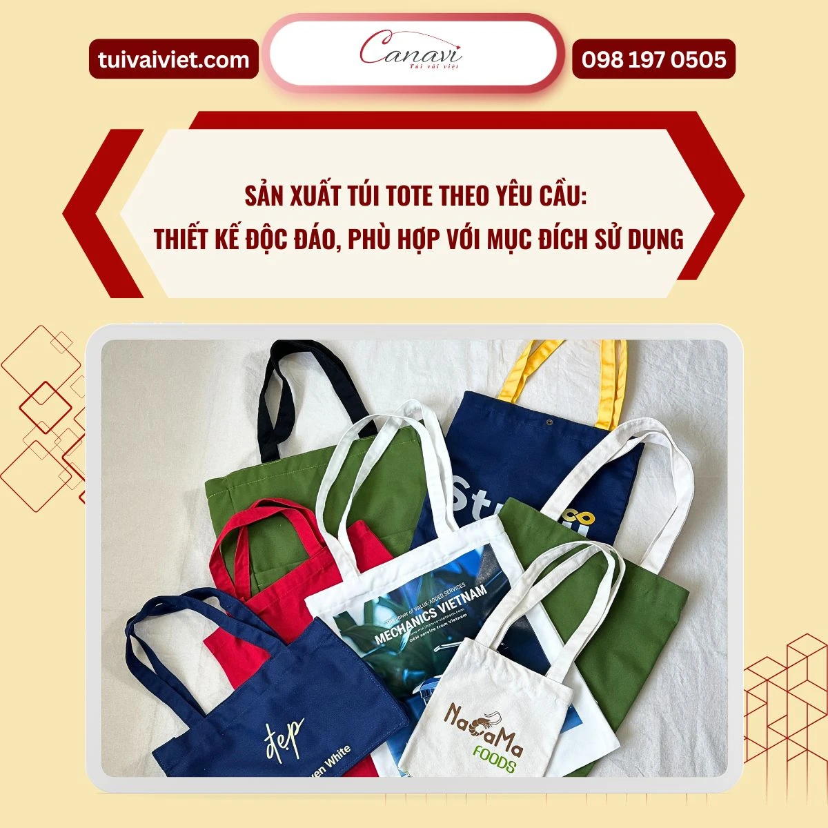 Sản xuất túi tote theo yêu cầu: thiết kế độc đáo, phù hợp với mục đích sử dụng