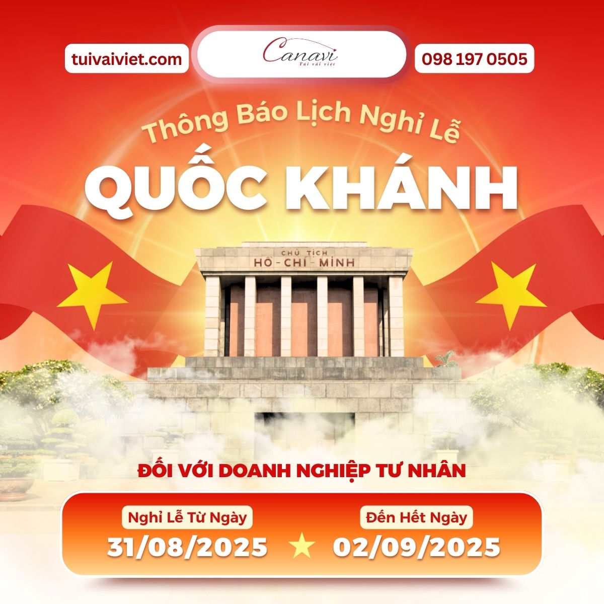 Thông báo lịch nghỉ lễ Quốc khánh 2/9 năm 2025 doanh nghiệp tư nhân