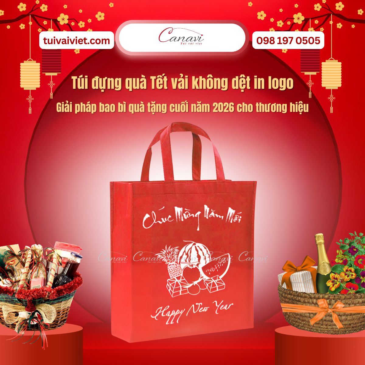 Túi đựng quà Tết vải không dệt in logo chúc mừng năm mới - Giải pháp bao bì quà tặng cuối năm 2025 cho thương hiệu