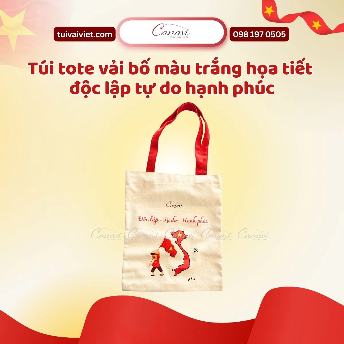 Túi tote vải bố màu trắng họa tiết độc lập tự do hạnh phúc