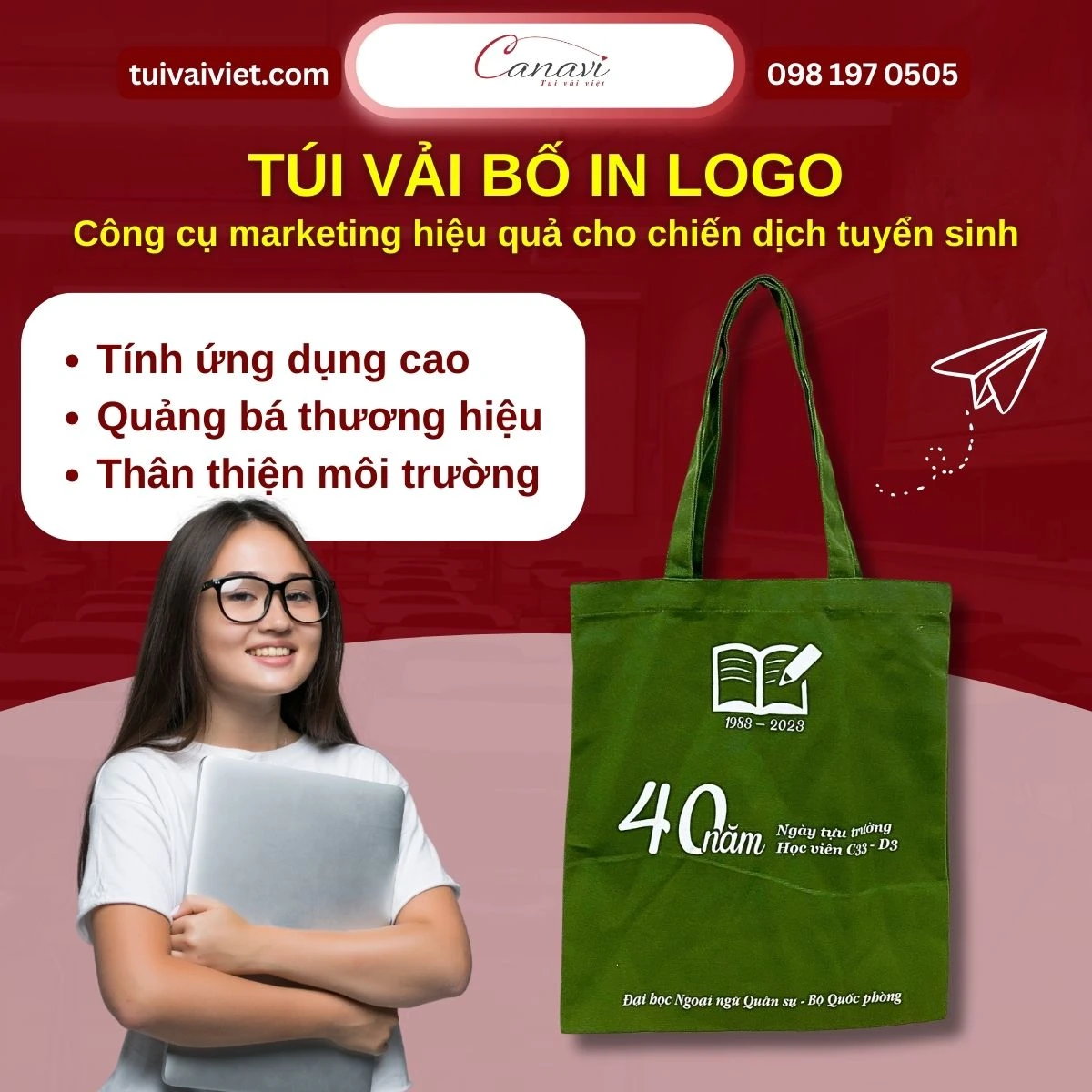 Túi vải tote kích thước lớn cho trung tâm tuyển sinh