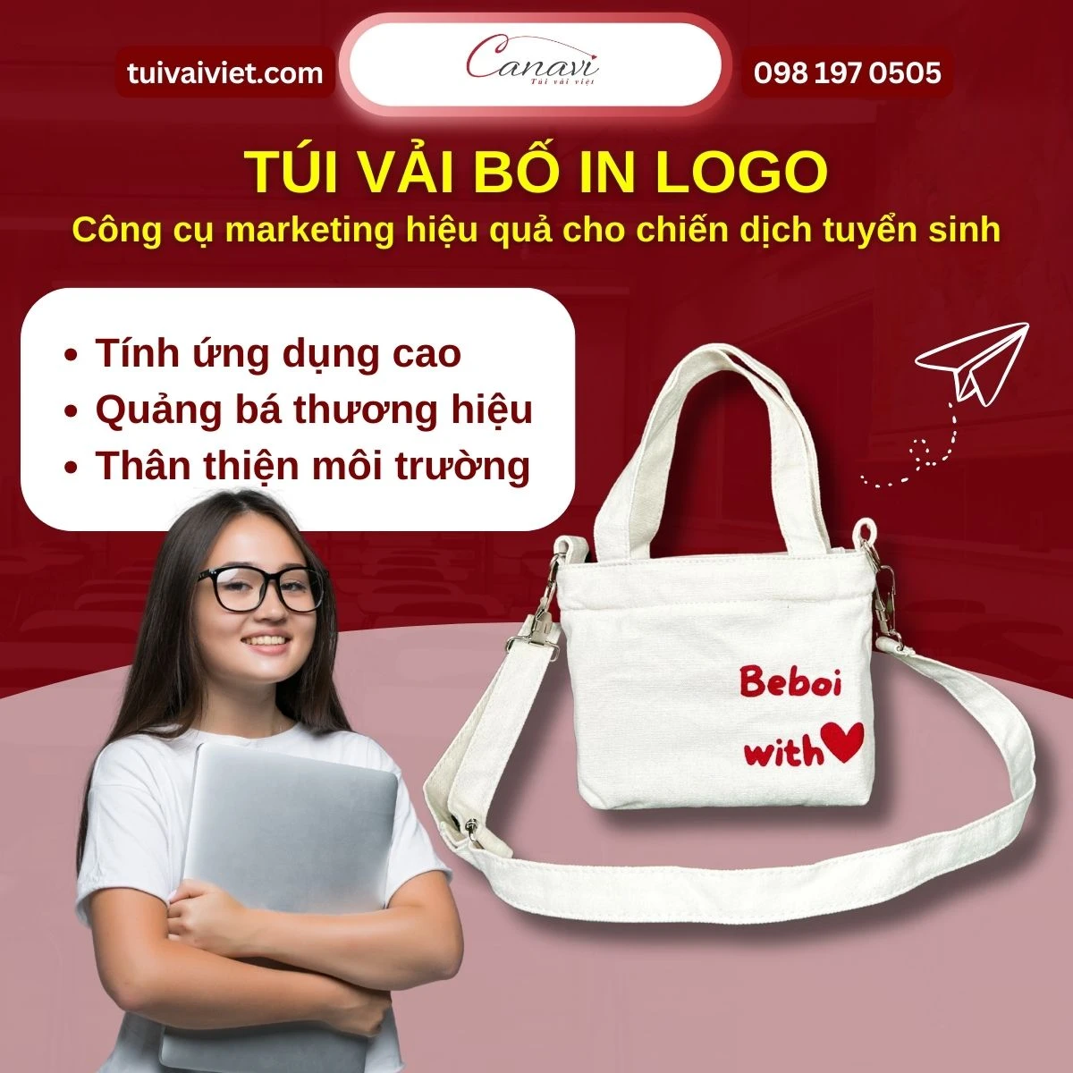 Túi vải canvas đeo chéo cho trung tâm tuyển sinh