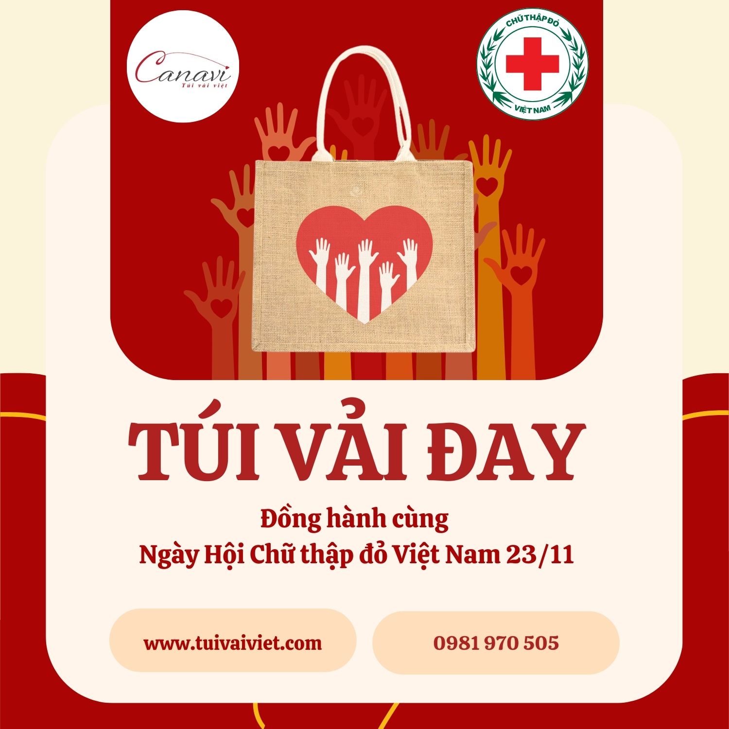 Túi vải đay đồng hành cùng Ngày Hội chữ thập đỏ Việt Nam 23/11