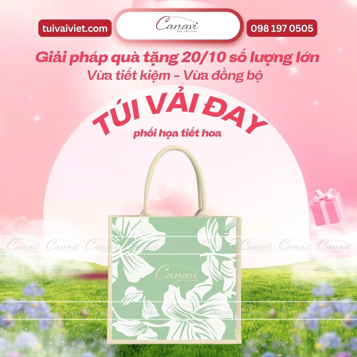 Túi vải đay phối họa tiết hoa xanh dịu mát