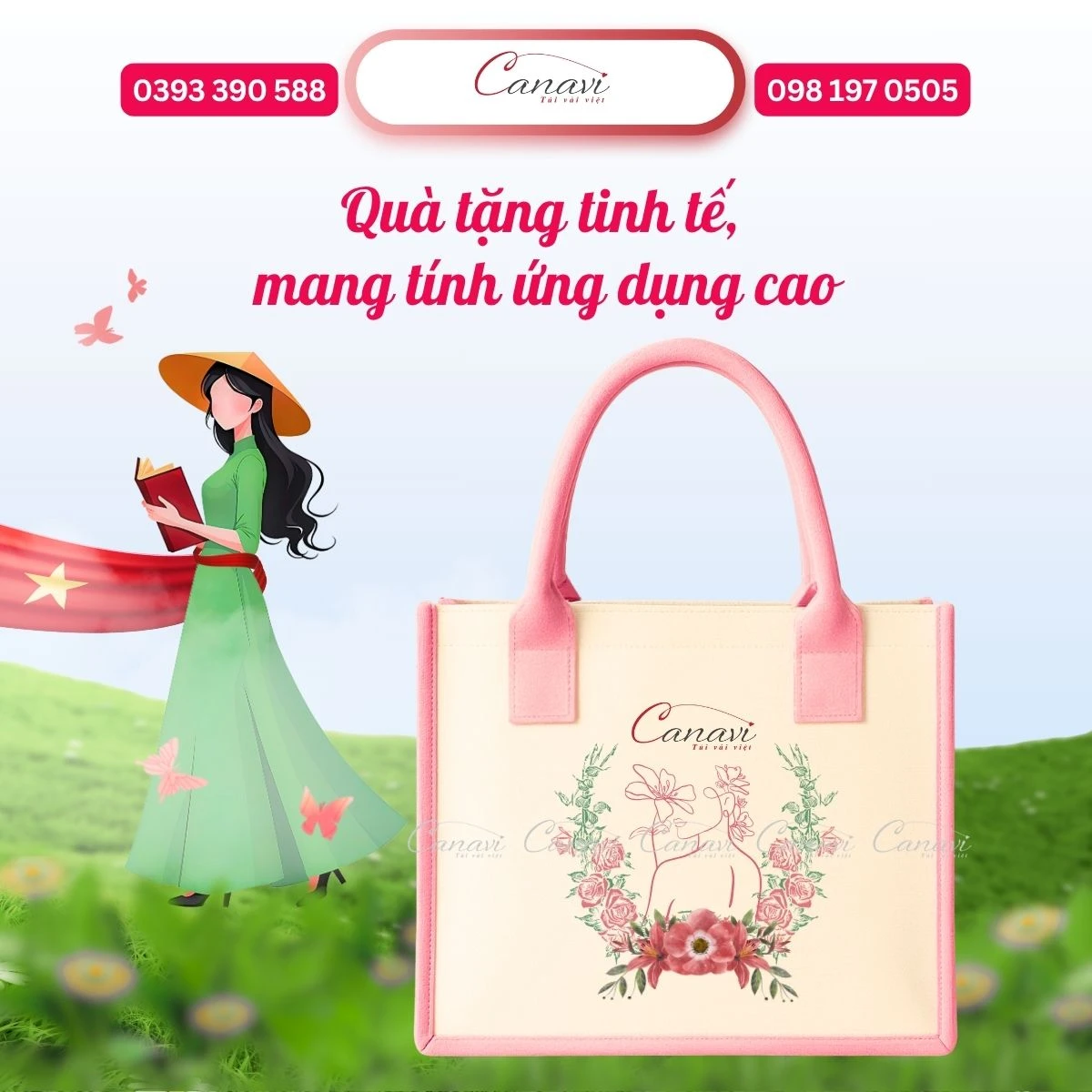 Túi vải đay màu hồng họa tiết đơn giản, quà tặng tinh tế, mang tính ứng dụng cao