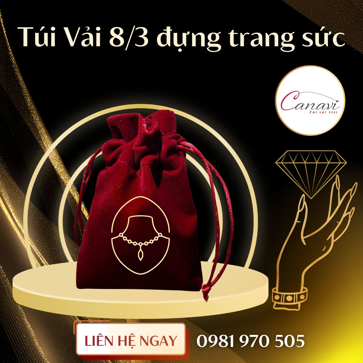 Túi vải nhung 8/3 nhỏ gọn dạng rút dây cho cửa hàng trang sức